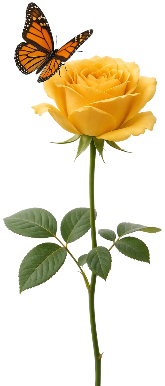 A yellow long-stem rose with a monarch butterfly