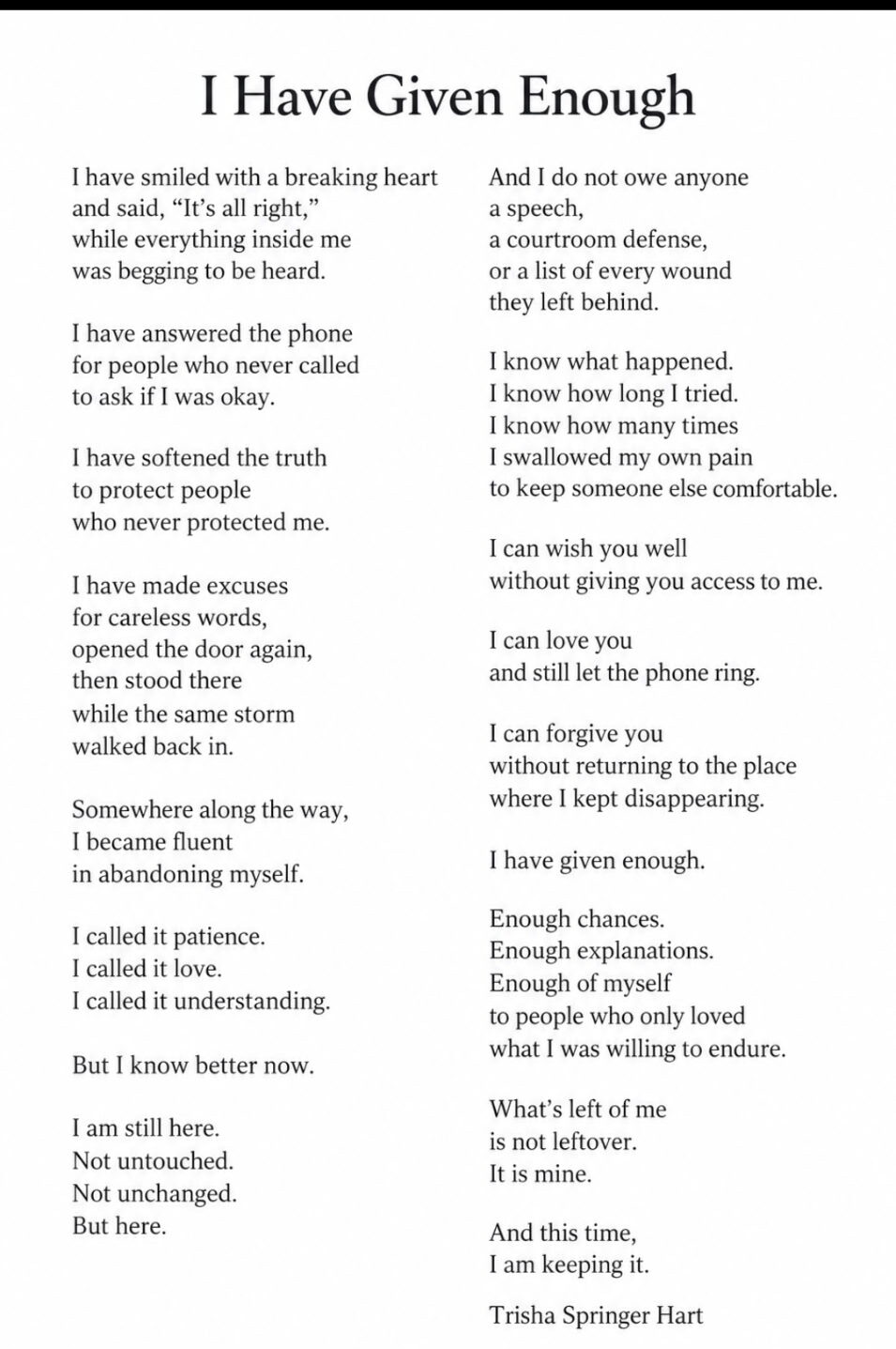 I Have Given Enough — a poem by Trisha Springer Hart